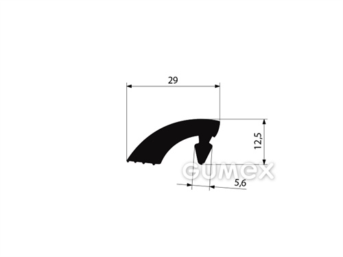 Gumový klínok do profilov do okien dopravných prostredkov, 12,5x29/5,6mm, 70°ShA, EPDM, samozhášavý (EN 45545-2), -40°C/+100°C, černý
